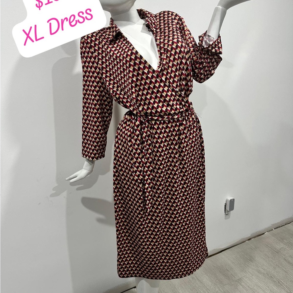 Geometric Print Burgundy Wrap Dress